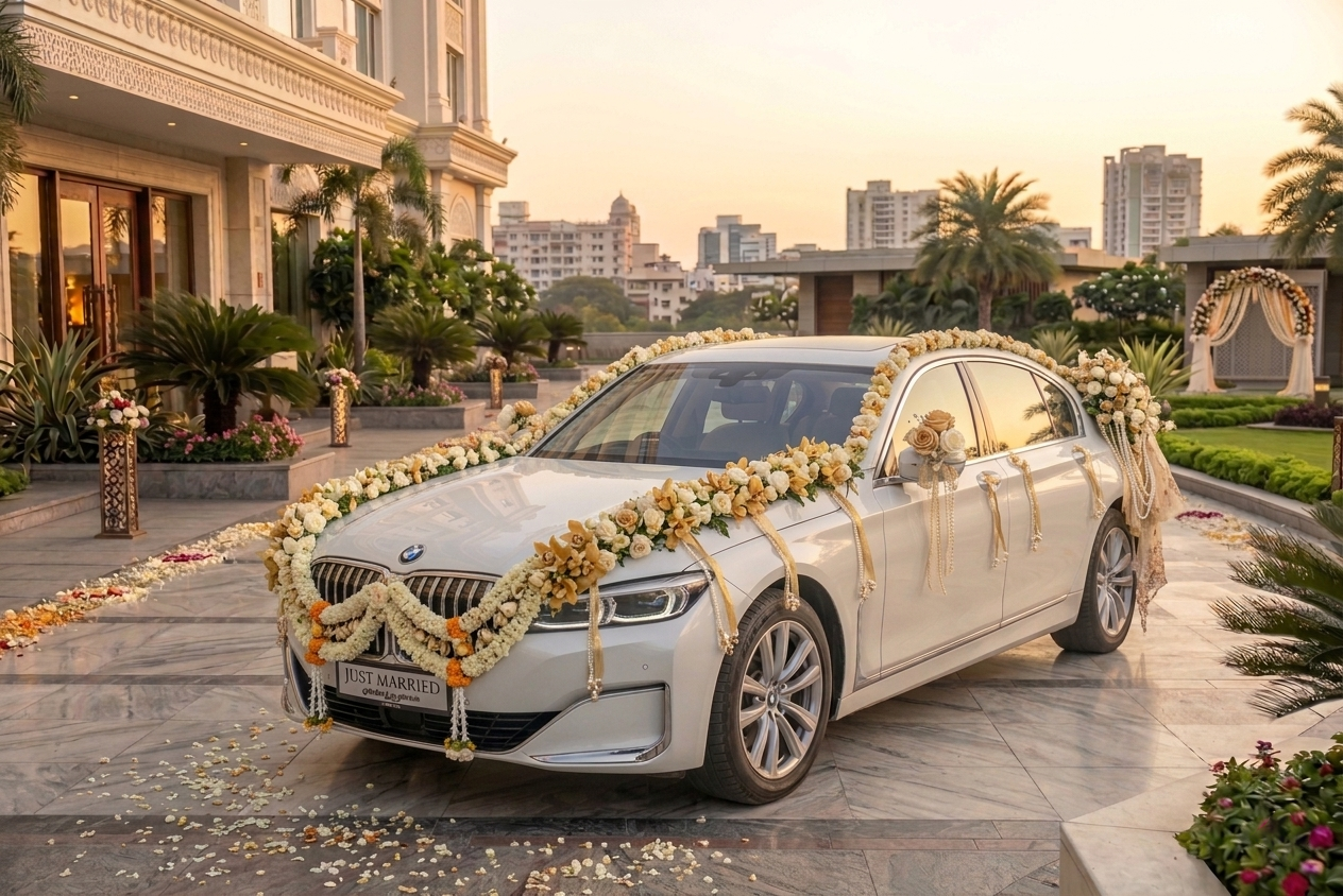 Decorated luxury wedding car rental Chennai for bride and groom entry — Om Shakthi Tours